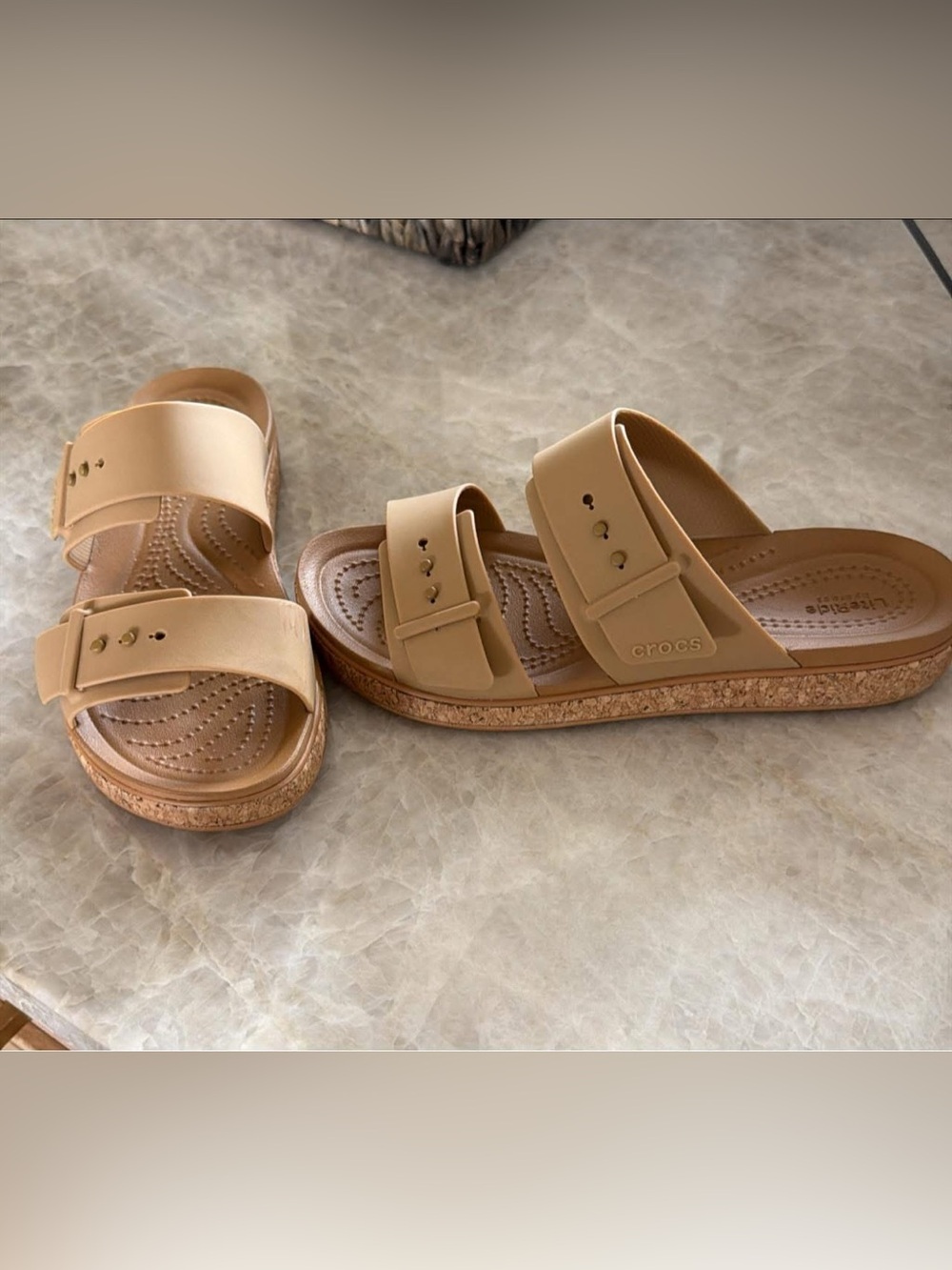 CROCS Beige/Tan Cork-Trim Double Strap Slide Sandals